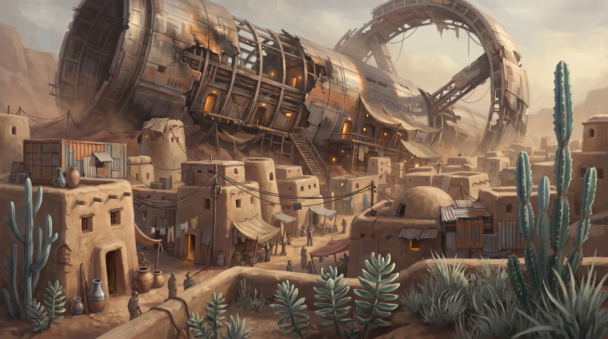 Landfall — a settlement built into a crashed hull section, with the broken Arch on the horizon
