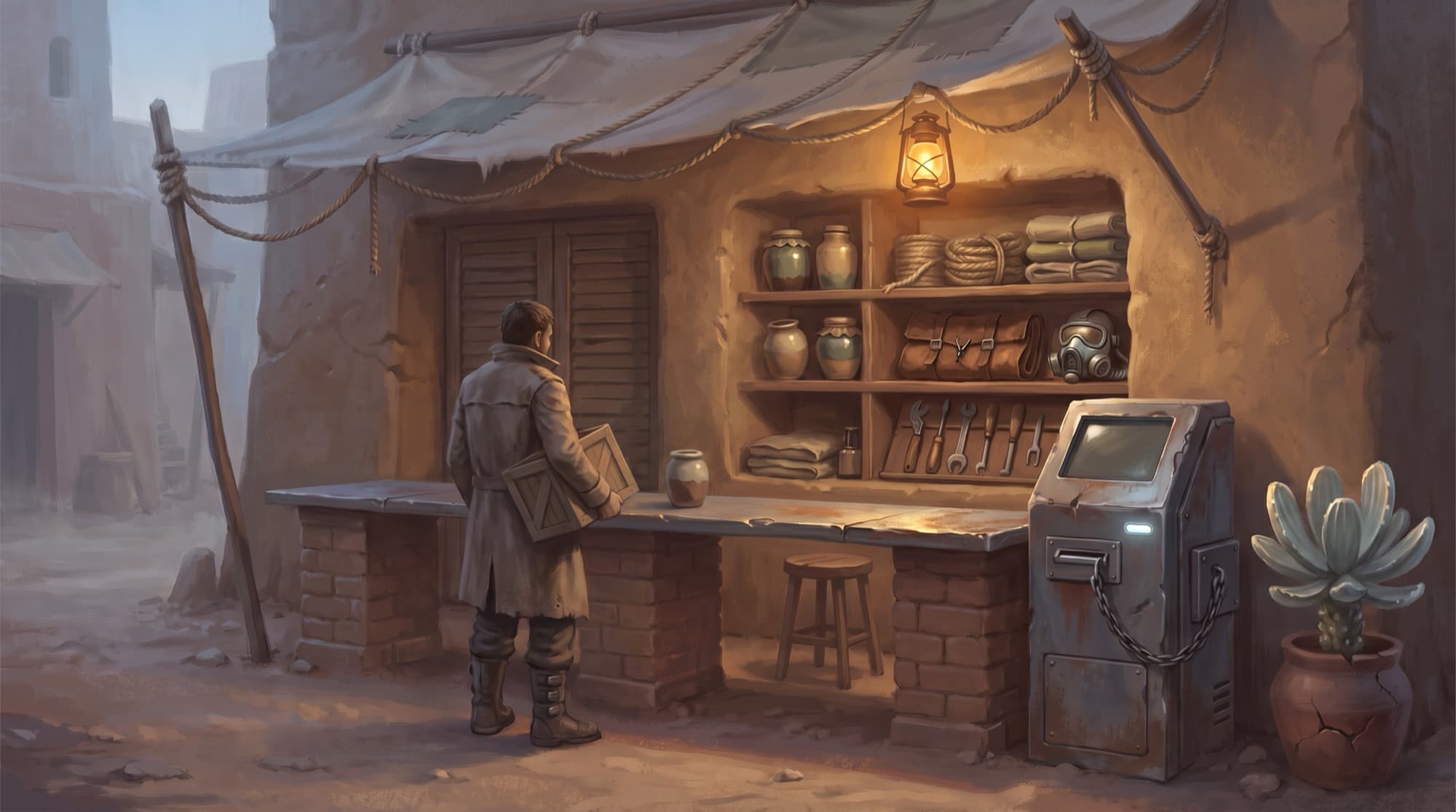 A customer at an unattended trade stall, the owner's stool empty